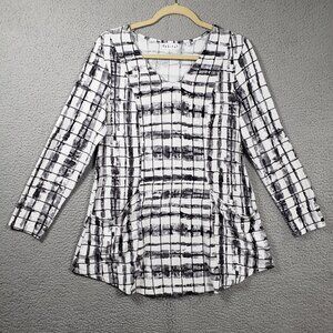Habitat Tunic Top Womens Small White Black Grid Stripe V-neck Pockets Knit Artsy